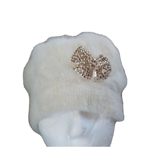 Unknown Accessories - Vintage 100% Angora Fur Hat Beanie Rhinestone Bow Ivory Off White